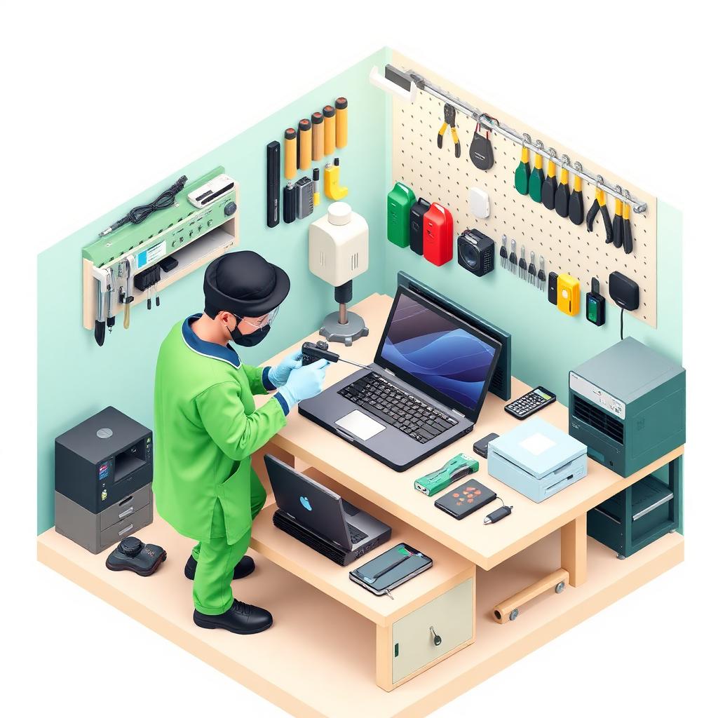 Bancada de desmontagem com operador usando EPI e ferramentas manuais em um notebook