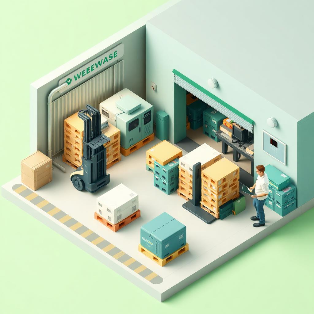 Doca de recebimento com empilhadeira, pallets de e-waste e operador conferindo manifesto