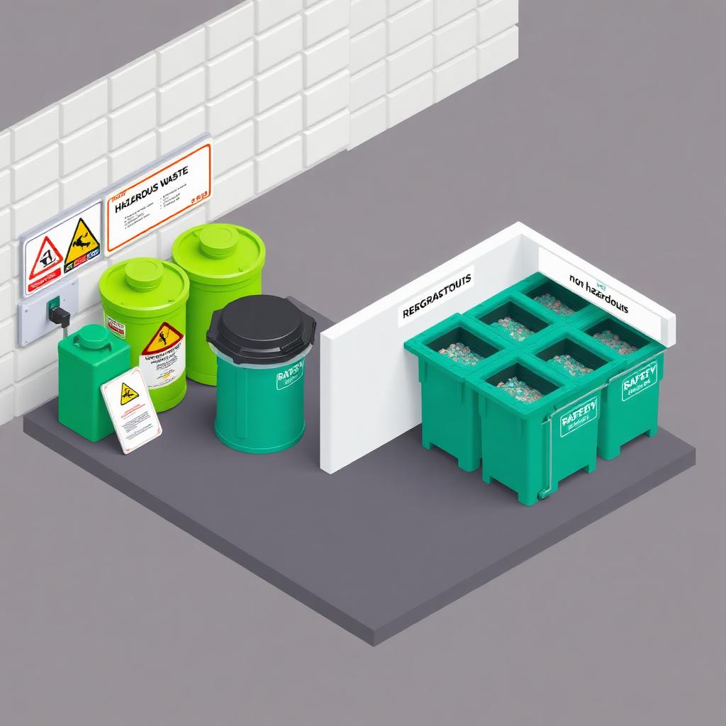 Área de segregação com contêineres Classe I sinalizados e bins de recicláveis Classe II